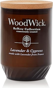 WoodWick进口代理批发 WoodWick Renew 大号蜡烛，薰衣草和丝柏香薰蜡烛，13 盎司，植物性大豆蜡混合物，采用升级回收材料和精油制成，燃烧时间长达 75 小时