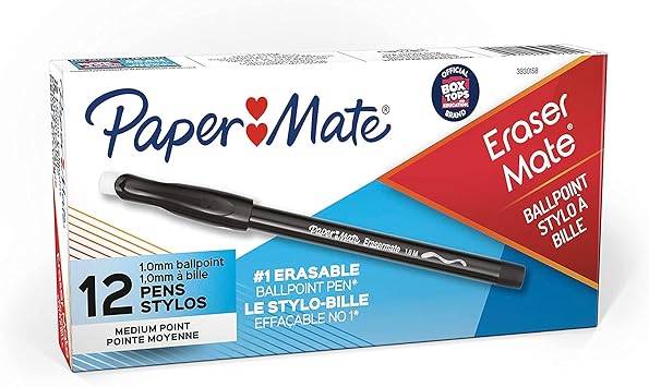 Paper Mate进口代理批发 EraserMate 可擦笔，中号，黑色，1 包 12 支装