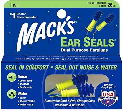 Mack's进口代理批发 Macks Ear Seals 耳塞，1 对带可拆卸线绳 - 26db 高 NRR - 两用舒适耳塞，可降噪和防水