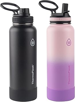 酷牌库|商品详情-Thermoflask进口代理批发 Thermoflask 40 盎司不锈钢保温水瓶，带吸管和喷嘴盖，2 件装，黑色/玫瑰紫色