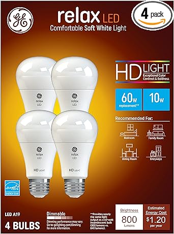 GE进口代理批发 GE Relax LED 灯泡，60 瓦，柔和白色，A19（4 件装）