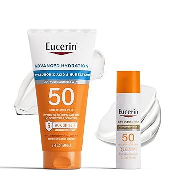 Eucerin进口代理批发 Eucerin 防晒霜套装，含透明质酸，高级保湿 SPF 50 防晒乳液，5 液量盎司管 + Age Defense 面部防晒乳液 SPF 50，面部防晒霜，2.5 液量盎司瓶装