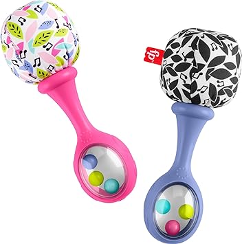 Fisher-Price进口代理批发 Fisher-Price 新生儿玩具 Rattle n Rock Maracas，2 件软乐器，适合 3 个月以上婴儿发育游戏，粉色和紫色