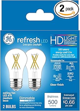 酷牌库|商品详情-GE进口代理批发 GE Refresh LED 灯泡，60 瓦，日光，A15 吊顶风扇灯泡，透明表面（2 件装）