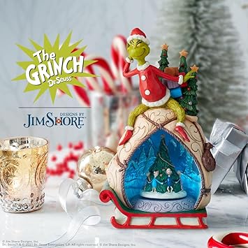 酷牌库|商品详情-Enesco进口代理批发 Enesco Dr. Seuss Grinch Jim Shore Santa Grinch 偷圣诞点亮旋转动画雕像 LED，手工制作树脂石雕像收藏圣诞雕像家居装饰，11.5 英寸，多色