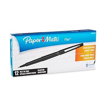 Paper Mate进口代理批发 Paper Mate Flair 毡 LryLs 尖笔，中号笔，黑色，12 支（5 支装）