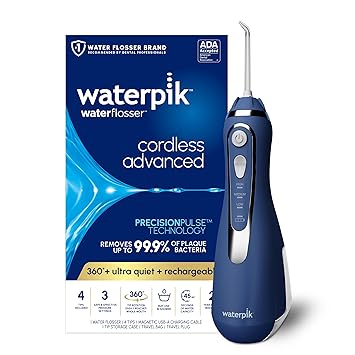 Waterpik进口代理批发 Waterpik 无绳高级 2.0 水牙线，适用于牙齿、牙龈、牙套、牙科护理，带旅行袋和 4 个牙尖，符合 ADA 标准，可充电、便携式、防水，蓝色 WP-583，包装可能有所不同