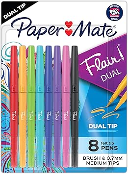 Paper Mate进口代理批发 Paper Mate Flair 双毡尖笔，8 支装，配有画笔和中号笔尖，多种笔筒颜色，多种墨水颜色