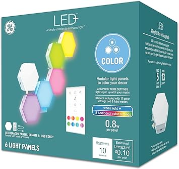 酷牌库|商品详情-GE进口代理批发 GE LED+ 变色 LED 六边形瓷砖面板，带远程控制，无需应用程序或 Wi-Fi（6 件装）