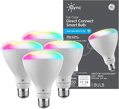 酷牌库|商品详情-GE进口代理批发 GE CYNC BR30 LED 智能灯泡，室内泛光灯泡，变色灯泡，WiFi 灯，适用于 Amazon Alexa 和 Google Assistant，9.5 瓦（4 件装）