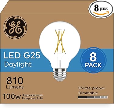 GE进口代理批发 GE 超亮 LED 灯泡，100 瓦当量，日光透明 G25 球形灯泡（8 件装）