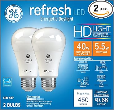 GE进口代理批发 GE Refresh LED 灯泡，40 瓦，日光，A19（2 件装）