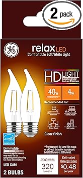 GE进口代理批发 GE Relax LED 灯泡，40 瓦，柔和的白色，装饰灯泡，中号底座（2 件装）