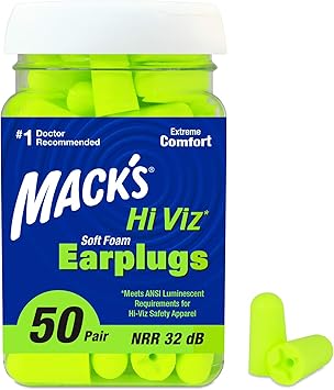 Mack's进口代理批发 Macks Hi Viz 软泡沫耳塞，50 对最显眼的颜色，轻松进行合规性检查，32dB 高 NRR 舒适安全耳塞，适合商店工作、工业用途、赛车运动和射击