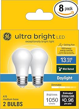 GE进口代理批发 GE 超亮 LED 灯泡，100 瓦当量，日光，吊扇磨砂 A15（8 件装）