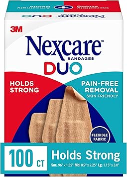 Nexcare进口代理批发 Nexcare Duo 绷带，无痛去除，强力粘性绷带可保持 24 小时，灵活的织物结构 - 100 包各种粘性绷带