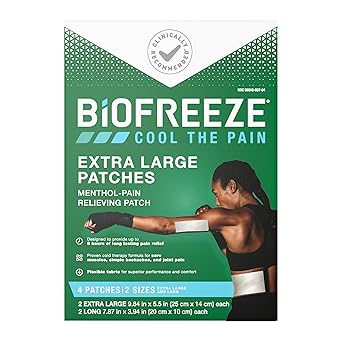 Biofreeze进口代理批发 Biofreeze XL 薄荷醇止痛贴片（4/盒）2 种尺寸，长达 8 小时持久缓解肌肉酸痛、关节炎、简单背痛和关节疼痛（包装可能有所不同）