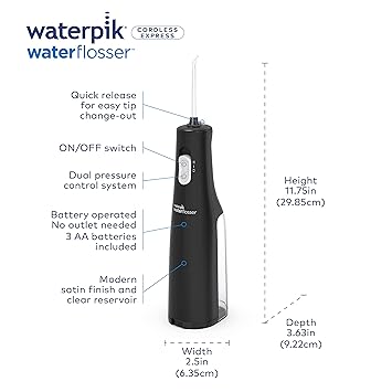 酷牌库|商品详情-Waterpik进口代理批发 Waterpik 无绳水牙线，电池供电，便携式，适合旅行和家用，ADA 认可的无绳 Express，黑色 WF-02，包装可能有所不同