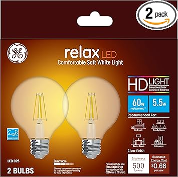 GE进口代理批发 GE Relax LED 灯泡，60 瓦，柔和的白色，G25 球形灯泡，中号底座（2 件装）