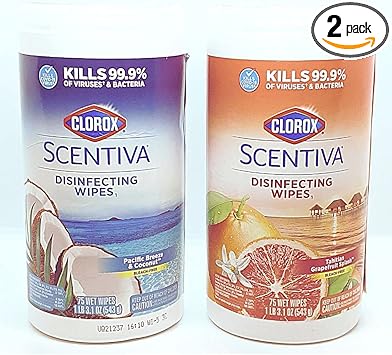 Clorox进口代理批发 The Clorox Company Clorox Scentiva 湿巾，无漂白清洁湿巾，75 片 -（多种装）太平洋微风、椰子和大溪地葡萄柚飞溅香味 (60036-60037)