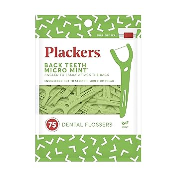 Plackers进口代理批发 Plackers 后牙微型牙线，美味薄荷味，可轻松接触后牙，内置保护牙签，易于存放，75 支（1 件装）