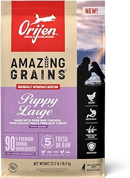 Orijen进口代理批发 ORIJEN AMAZING GRAINS 幼犬大型干狗粮，高蛋白狗粮，适合大型和巨型幼犬品种，新鲜或原料，22.5 磅