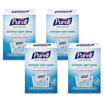 Purell进口代理批发 PURELL 棉质柔软手部消毒湿巾，清洁香味，24 片独立包装湿巾（4 盒装）9029-04-CMR