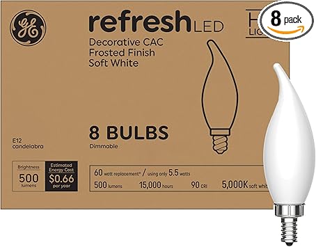 GE进口代理批发 GE Refresh LED 灯泡，60W，日光蜡烛灯，磨砂装饰灯泡，小底座（8 件装）