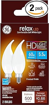 GE进口代理批发 GE Relax LED 灯泡，蜡烛灯，60 瓦，柔和白色磨砂装饰 CA11 灯泡，小底座（2 件装）