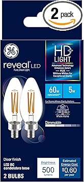 酷牌库|商品详情-GE进口代理批发 GE Reveal LED 灯泡，蜡烛灯，60 瓦，透明装饰 B11 灯泡，小底座（2 件装）