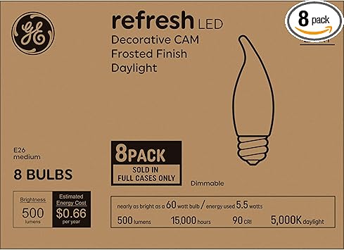 GE进口代理批发 GE Refresh LED 灯泡，60 瓦，日光，装饰灯泡，中号底座，磨砂（8 件装）