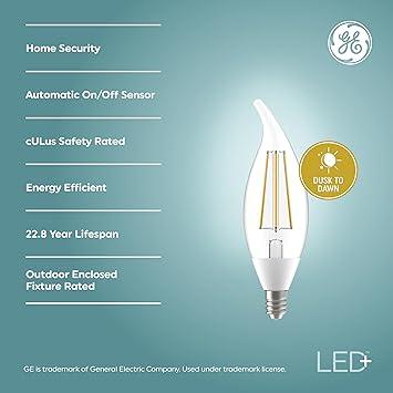 酷牌库|商品详情-GE进口代理批发 GE LED+ CA11 黄昏到黎明 LED 灯泡，自动开/关户外安全灯，日光，E12 烛台底座（2 件装）