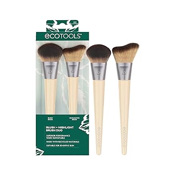 EcoTools进口代理批发 EcoTools 腮红 + 高光刷两件套，适用于液体、乳霜和粉状高光和腮红的化妆刷，增强自然肤色，环保化妆刷套装，合成刷毛，2 件套