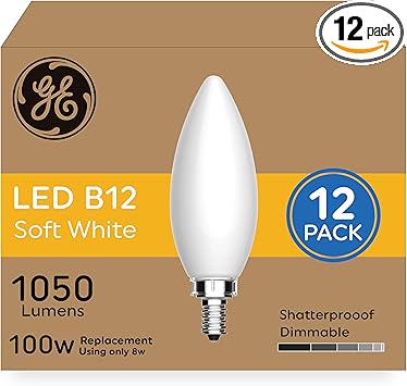 GE进口代理批发 GE 超亮 LED 灯泡，100W，柔和的白色蜡烛灯，磨砂装饰 B12 灯泡（12 个装）