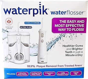 Waterpik进口代理批发 Waterpik Waterflosser Ultra Plus 水牙线和无绳珍珠水牙线 - 5 个配件尖端，USB 充电线和旅行盒，1 件装