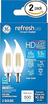 GE进口代理批发 GE Refresh HD LED 灯泡，60 瓦，日光，装饰灯泡，透明，小底座（2 件装）