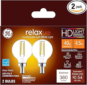 GE进口代理批发 GE Relax LED 灯泡，40 瓦，柔和的白色，G16.5 球形灯泡，透明，小底座（2 件装）