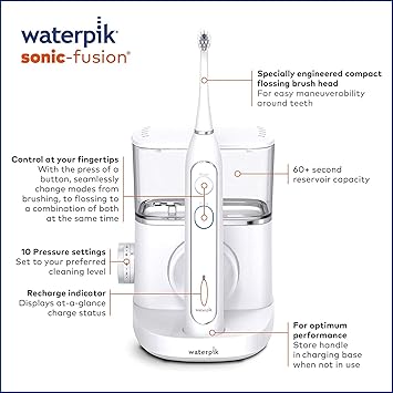 酷牌库|商品详情-Waterpik进口代理批发 Waterpik 白色声波融合牙刷和刷头（4 件套）。同时刷牙和使用牙线。柔软的刷毛轻轻刷牙，而水牙线则可去除牙齿和牙龈线上的牙菌斑和碎屑。