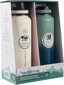 Thermoflask进口代理批发 Thermoflask 40 盎司不锈钢保温水瓶，带吸管和喷嘴盖，2 件装，米白色/格莱德绿色