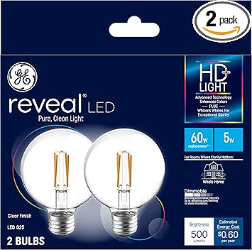 GE进口代理批发 GE Reveal LED 灯泡，60 瓦，G25 球形灯泡，中号底座（2 件装）