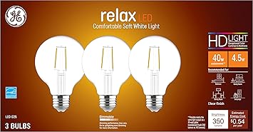 GE进口代理批发 GE Relax LED 灯泡，40 瓦，柔和的白色，G25 球形灯泡，透明，中号底座（3 件装）