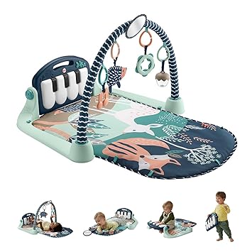 Fisher-Price进口代理批发 Fisher-Price 婴儿游戏垫 Kick & Play 钢琴健身房，带音乐和感官玩具，适合新生儿到幼儿，海军黄褐色