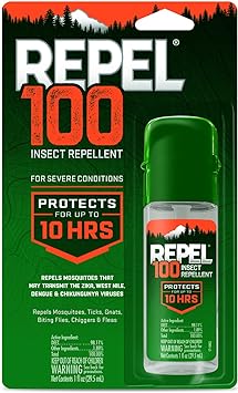 Repel进口代理批发 Repel 100 驱虫剂，驱除蚊子、蜱虫和蚊虫，适用于严重情况，保护时间长达 10 小时，98% 避蚊胺（泵式喷雾）1 液量盎司