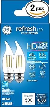 GE进口代理批发 GE Refresh LED 灯泡，60 瓦当量，日光，装饰性透明灯泡，中号底座（2 件装）