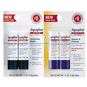 Aquaphor进口代理批发 Aquaphor 唇部修复，保湿润唇膏套装，舒缓干燥干裂的嘴唇，唇部修复棒，0.17 盎司（2 件装）+ 唇部修复和保护棒，含防晒霜的润唇膏 SPF 30，0.17 盎司（2 件装）