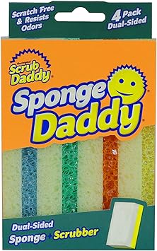 Scrub Daddy进口代理批发 Scrub Daddy，Sponge Daddy - 双面海绵和洗地器，传统形状，弹性纹理，温水中柔软，冷水中坚硬，深层清洁，可用洗碗机清洗，多用途，防刮擦，防臭，4 件