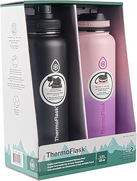 Thermoflask进口代理批发 Thermoflask 40 盎司不锈钢保温水瓶，带吸管和喷嘴盖，2 件装，黑色/玫瑰紫色