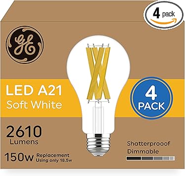 GE进口代理批发 GE 超亮 LED 灯泡，150 瓦，柔白，A21 灯泡（4 件装）