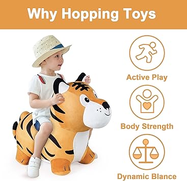 酷牌库|商品详情-iPlay, iLearn进口代理批发 iPlay，iLearn Bouncy Pals Tiger Hopper 玩具，幼儿跳马，儿童毛绒动物摇椅带泵，充气弹跳骑手，室内户外跳跃生日礼物 2 3 4 5 6 岁男孩女孩