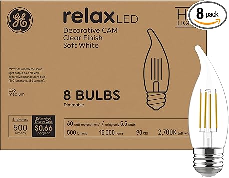 GE进口代理批发 GE Relax LED 灯泡，60W，柔和的白色蜡烛灯，装饰灯泡，中号底座（8 件装）